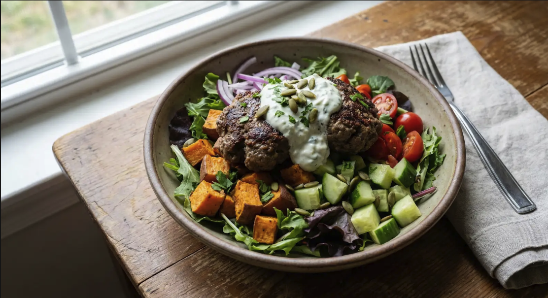 Burger bowl with sweet potato and salad