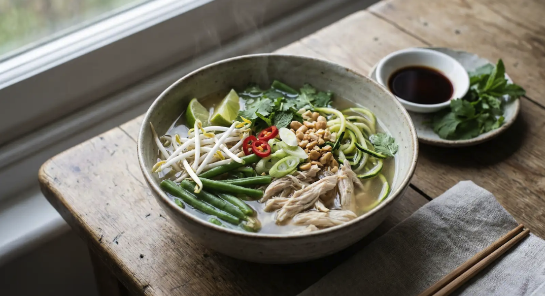 Chicken noodle bowl with fresh vegetables